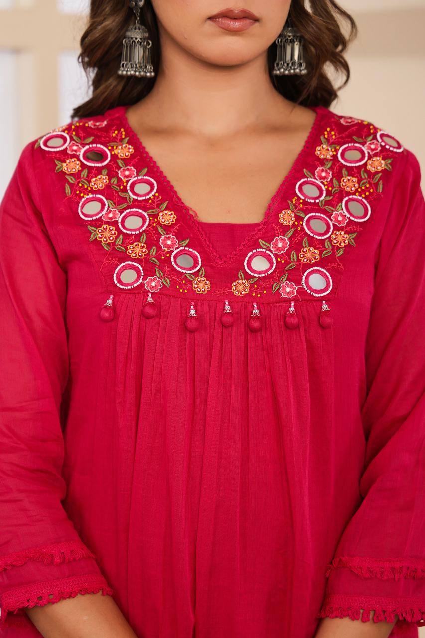Pure Mul cotton real mirror full suit set in pink