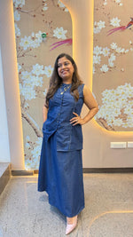Premium denim cotton skirt with pocket with waist coat pattern top