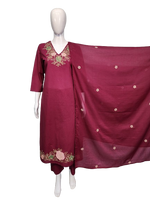 Wow applique cotton full suit set in wine