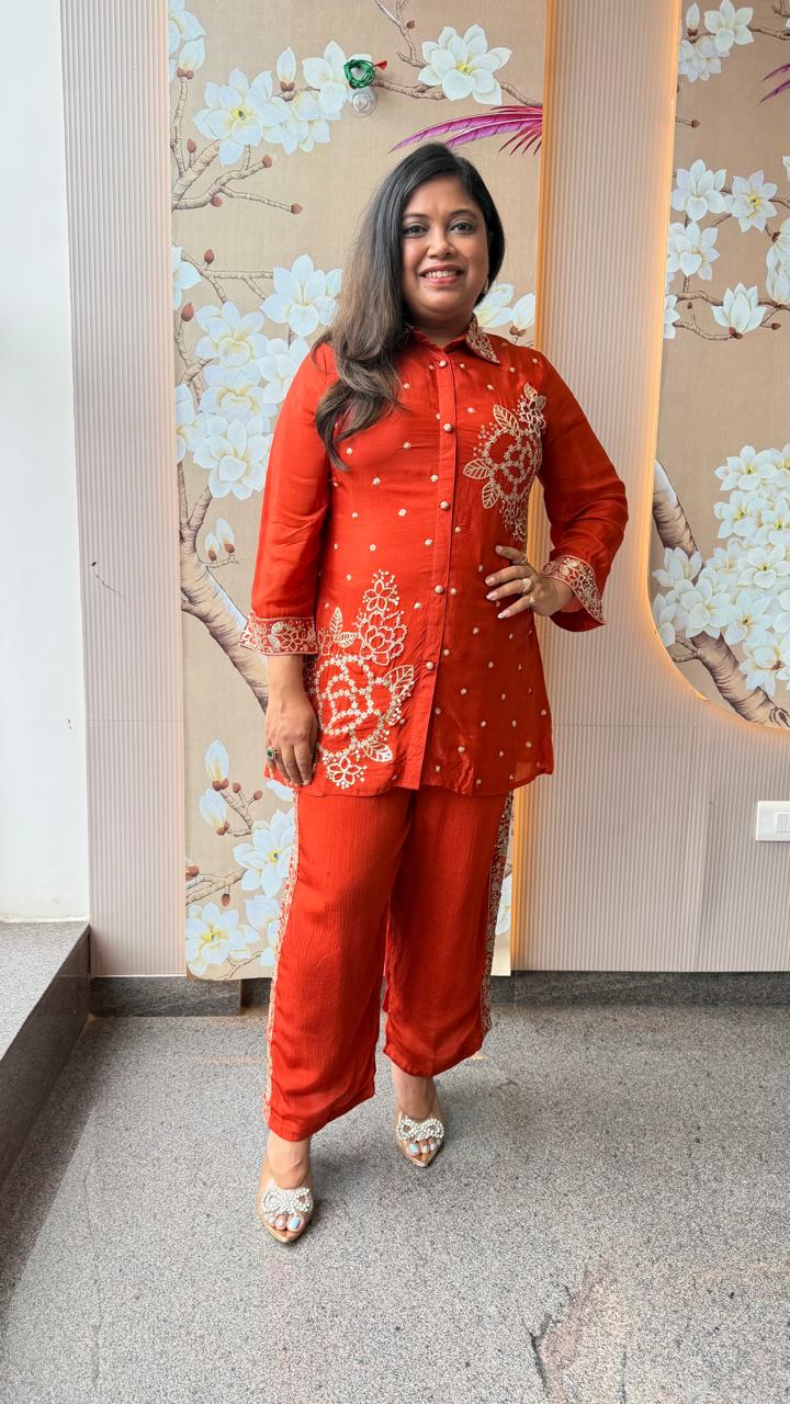 Premium chinon with lining pretty handwork co ord in rust