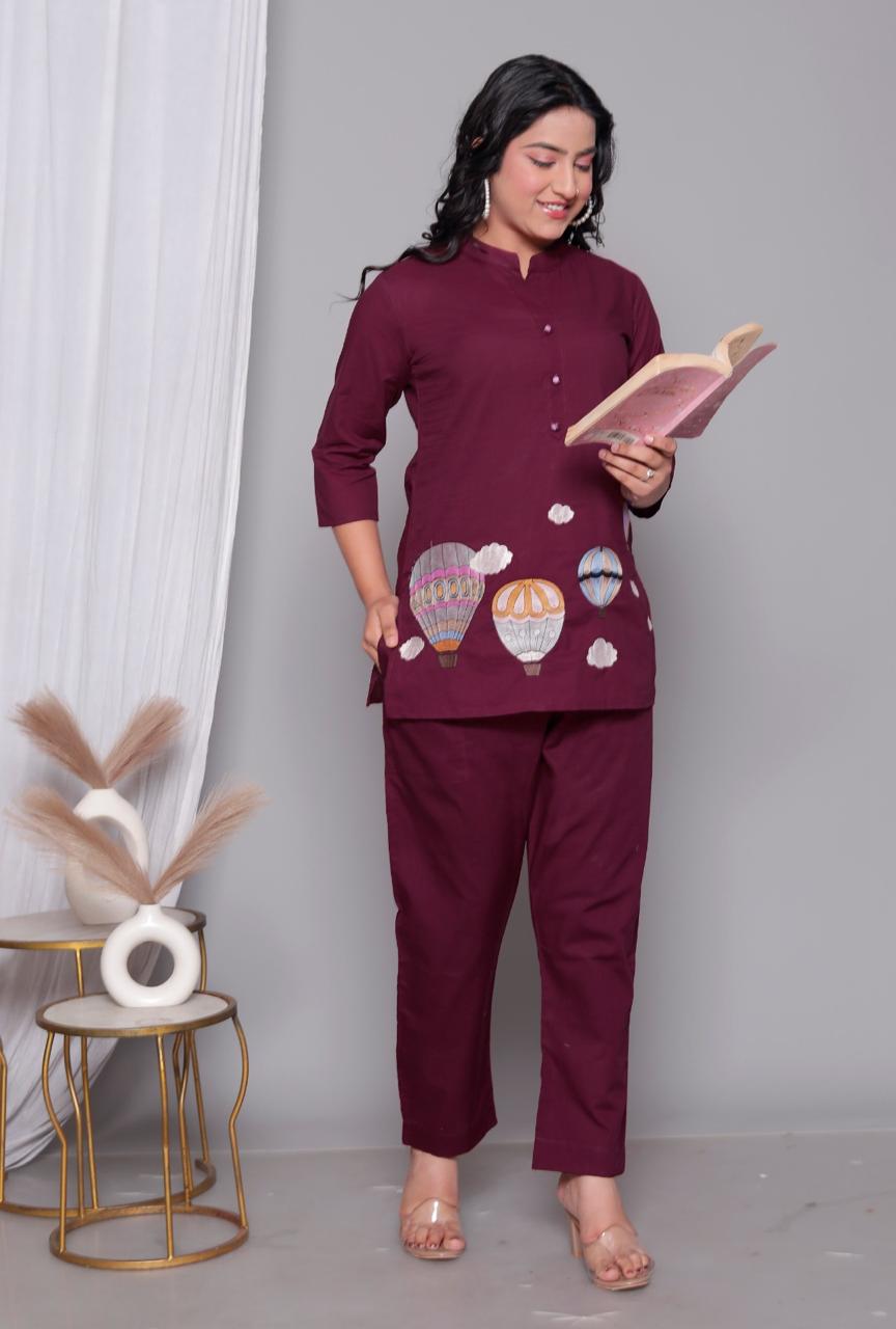 Applique work designer co ord set in wine