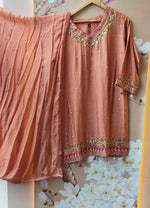 Russian silk full sequins peach suit with rani pink highlight