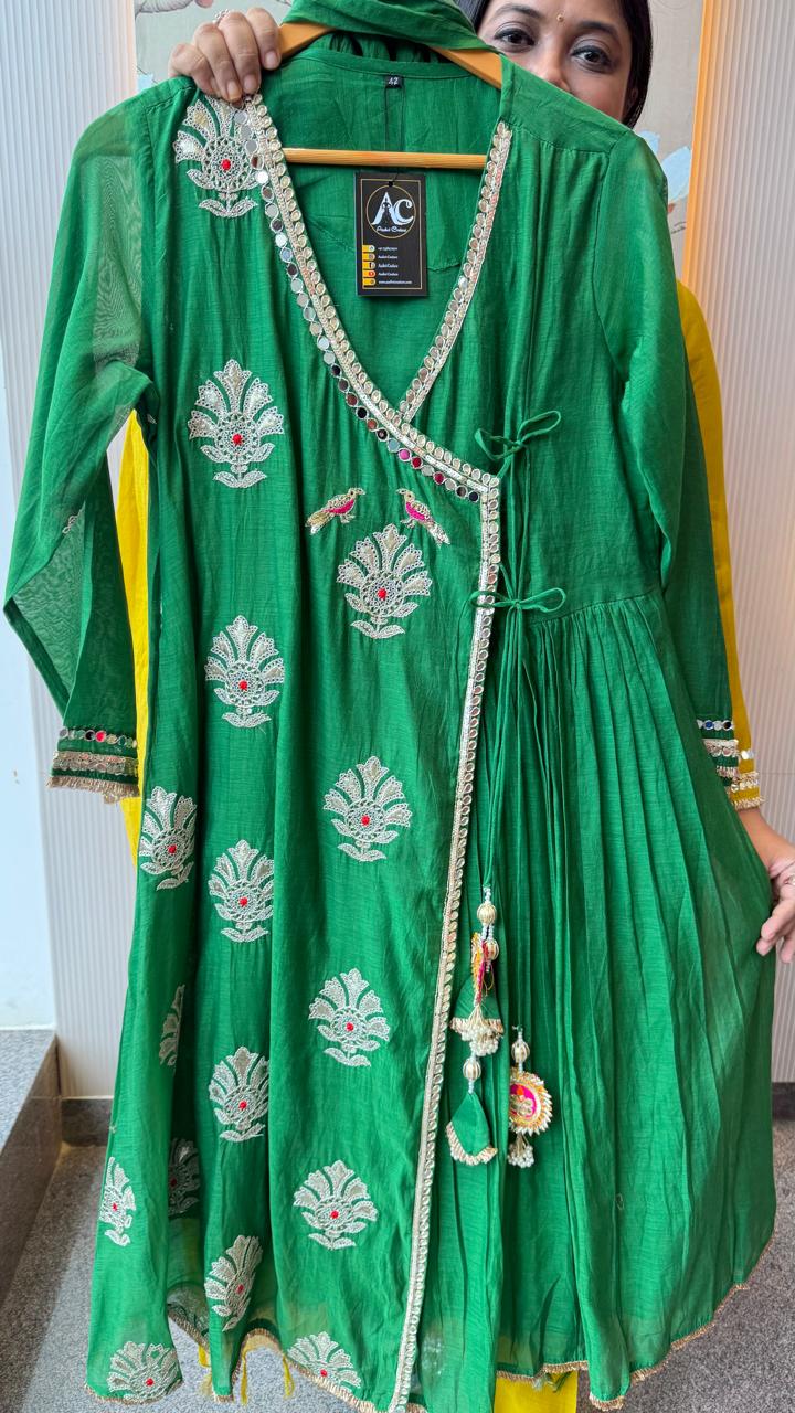 Premium Mul chanderi angrakha pattern gotta detailing suit set in emerald green
