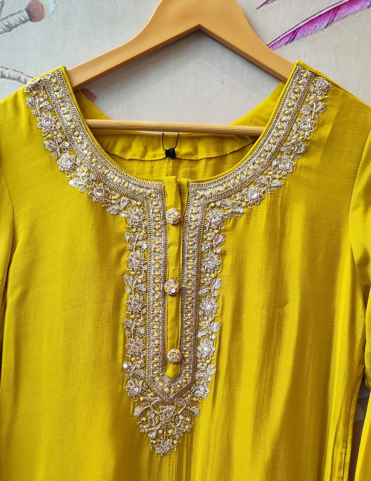 Premium chinon digital printed heavy sharara lace detailing full suit set in yellow