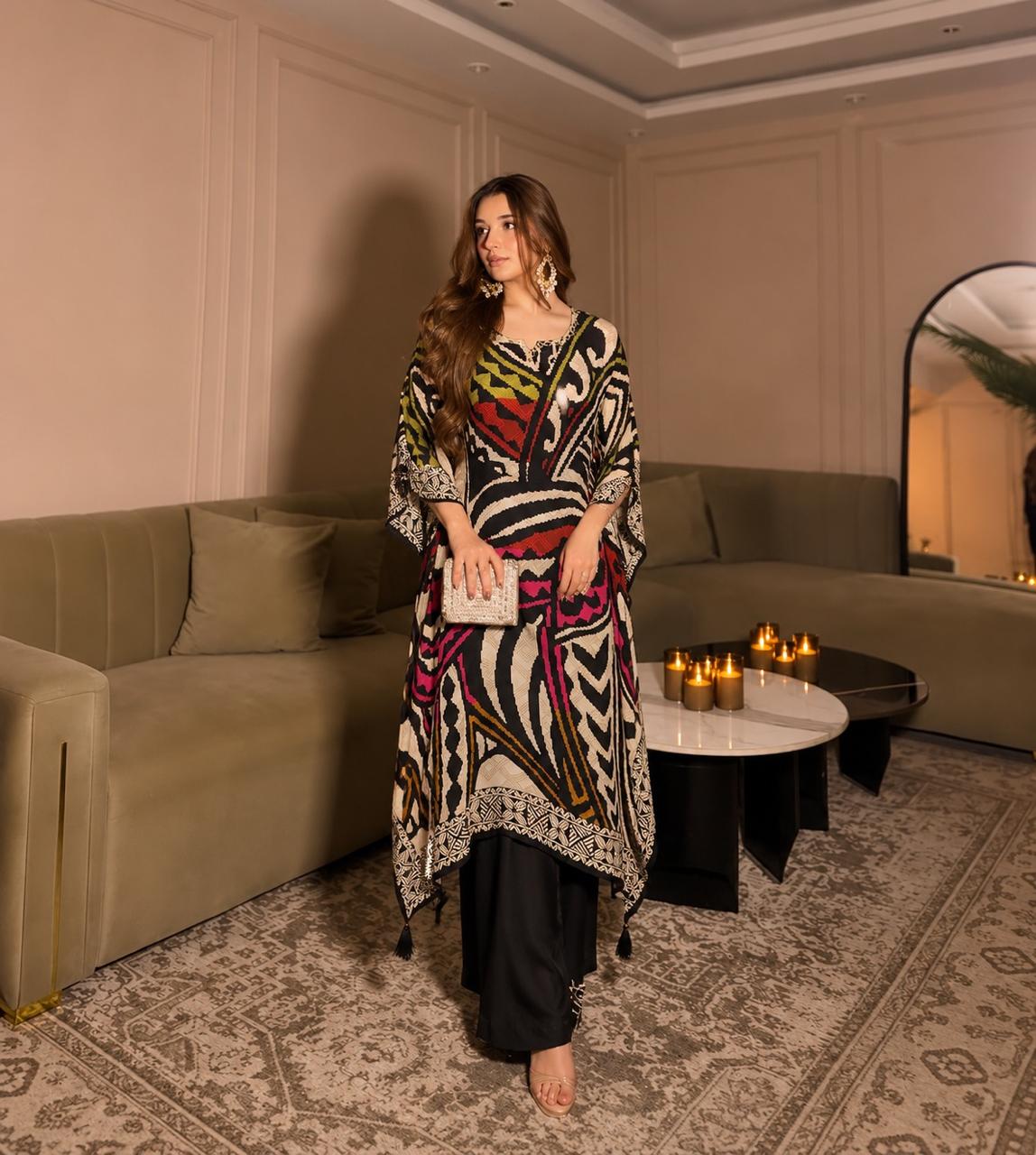 Pure crepe black abstract kaftan set