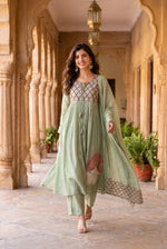 Gorgeous applique work Mul chanderi suit set in green
