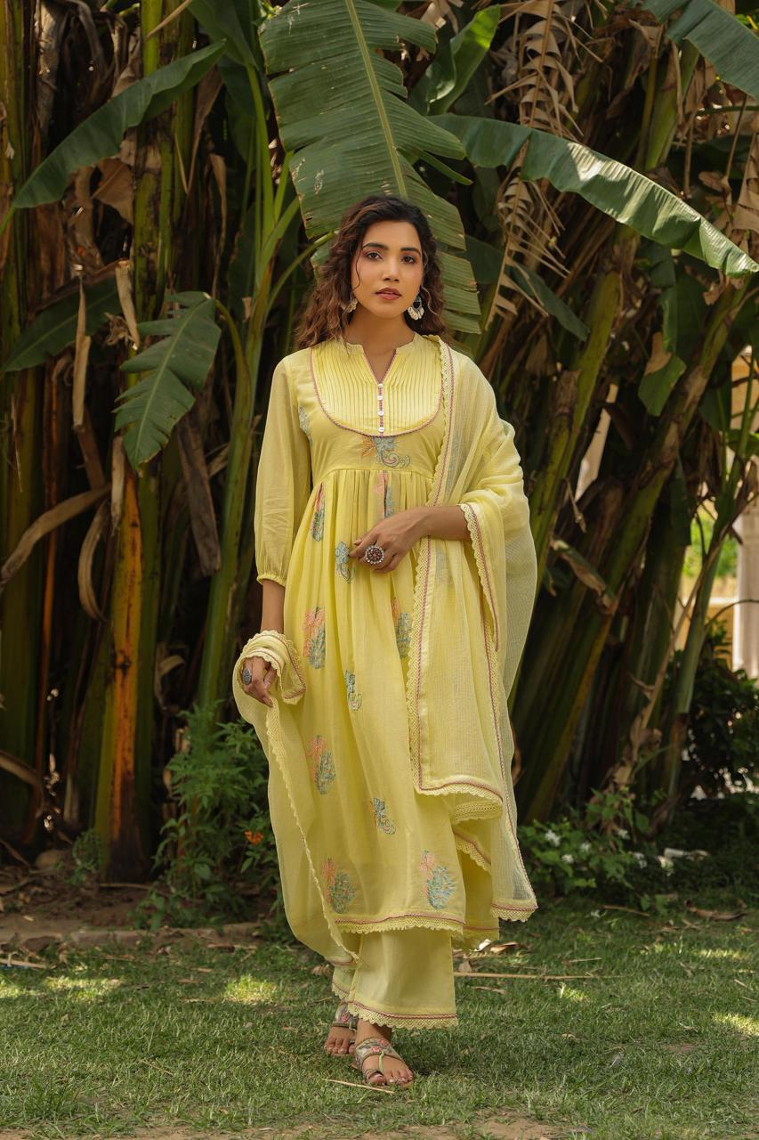 Premium embroidered cotton suit set paired with Kota Doria dupatta in yellow