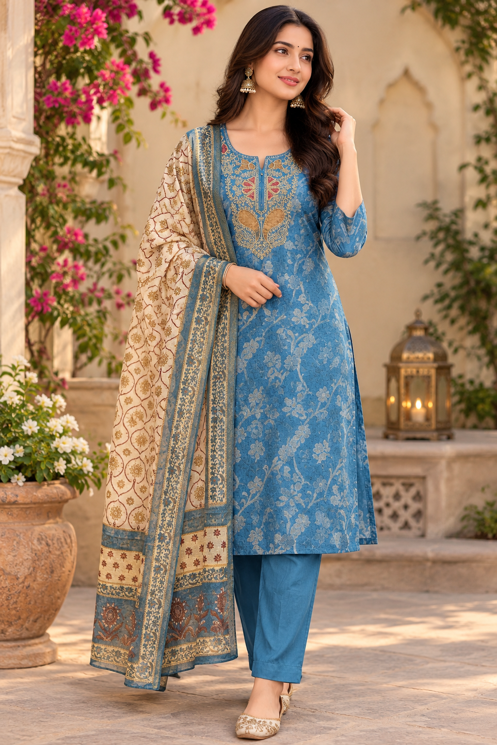 Premium Banarasi suit set in blue with zari detailing