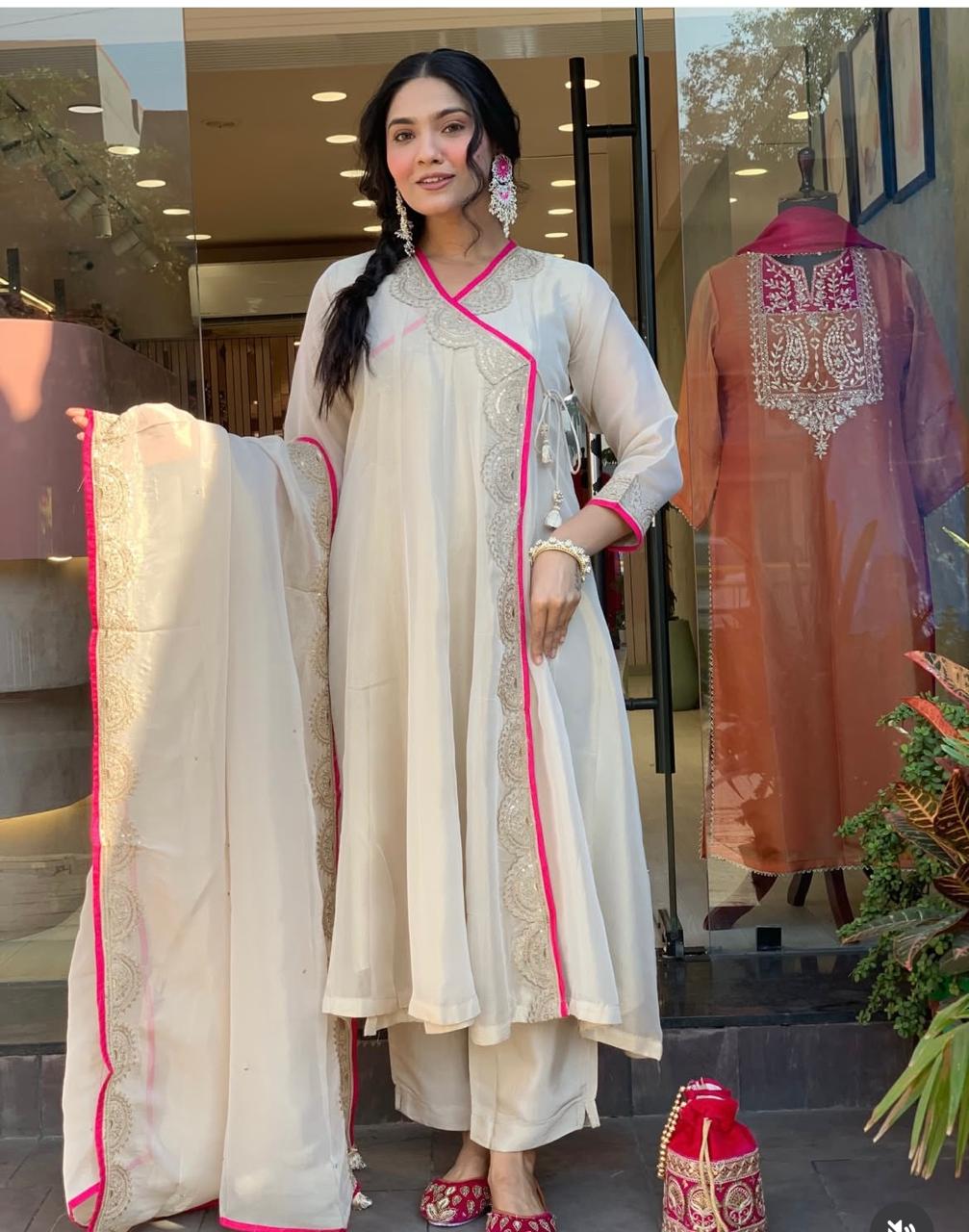 Premium tissue silk with zari detailing full angrakha pattern suit set