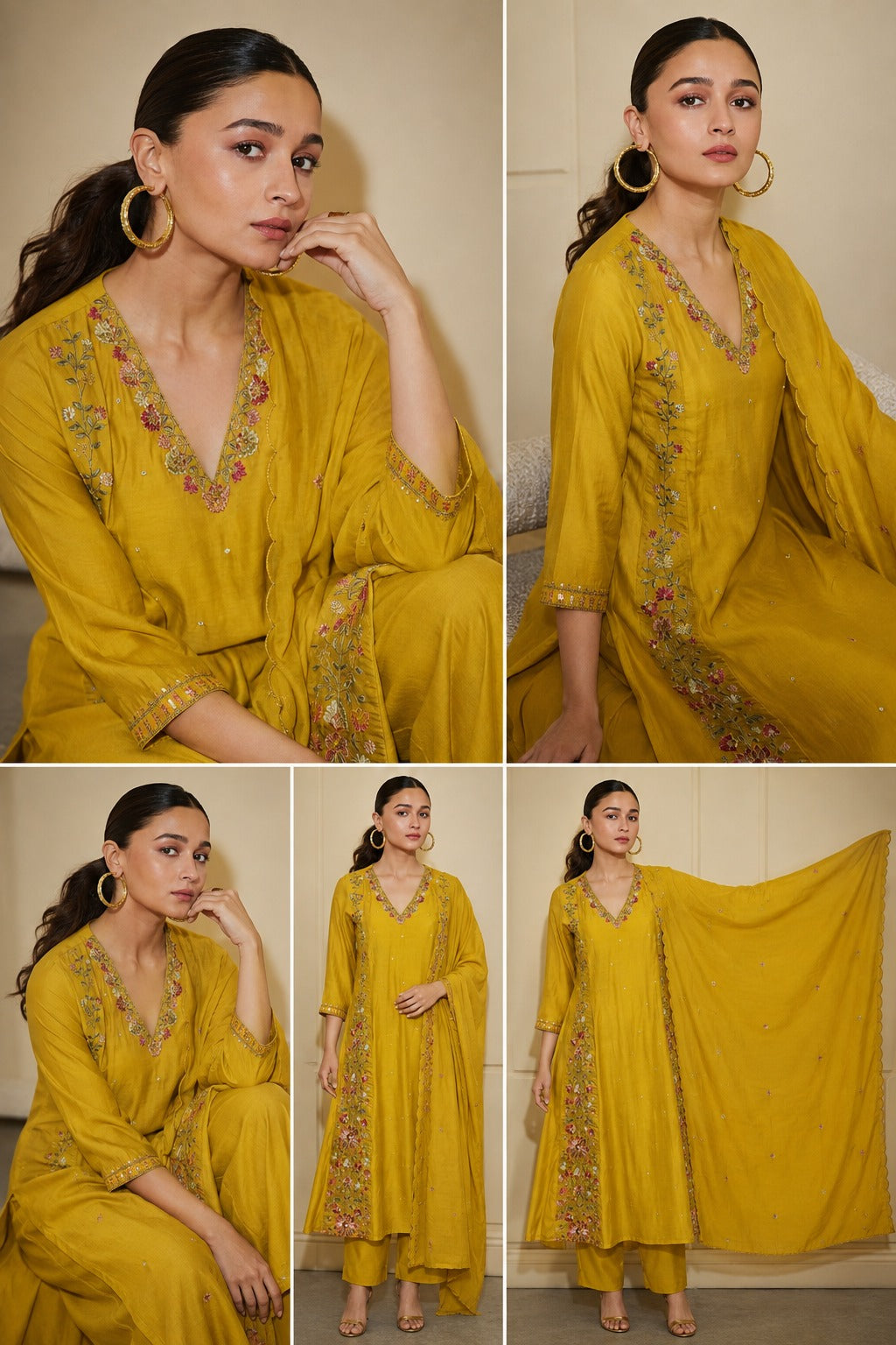Pretty Mul Chanderi embroidered suit set in yellow