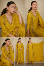 Pretty Mul Chanderi embroidered suit set in yellow