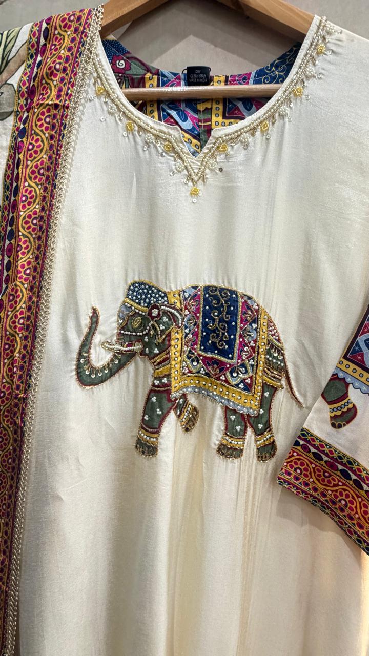 Wow Russian silk Kalamkari with beautiful handwork on yoke suit set with elephant motive on front n back