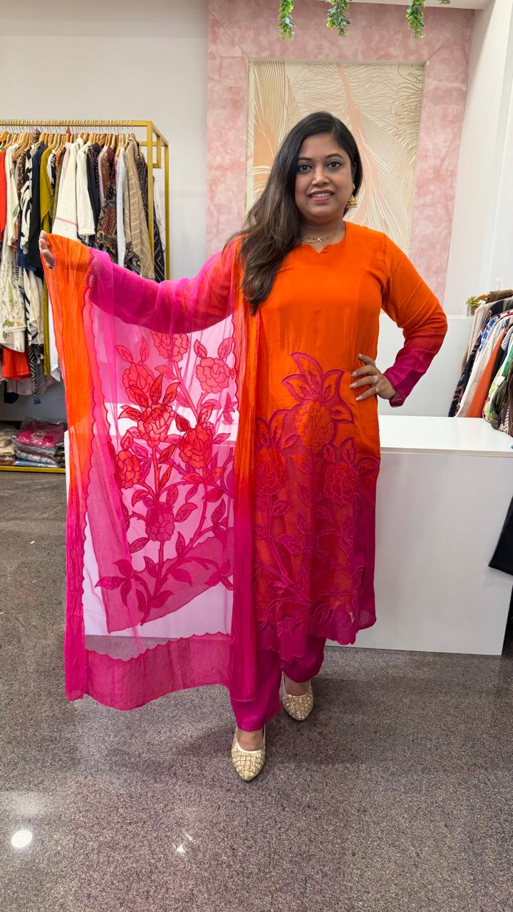 Mul silk lining suit set ombré with applique (slim fit) in orange n pink