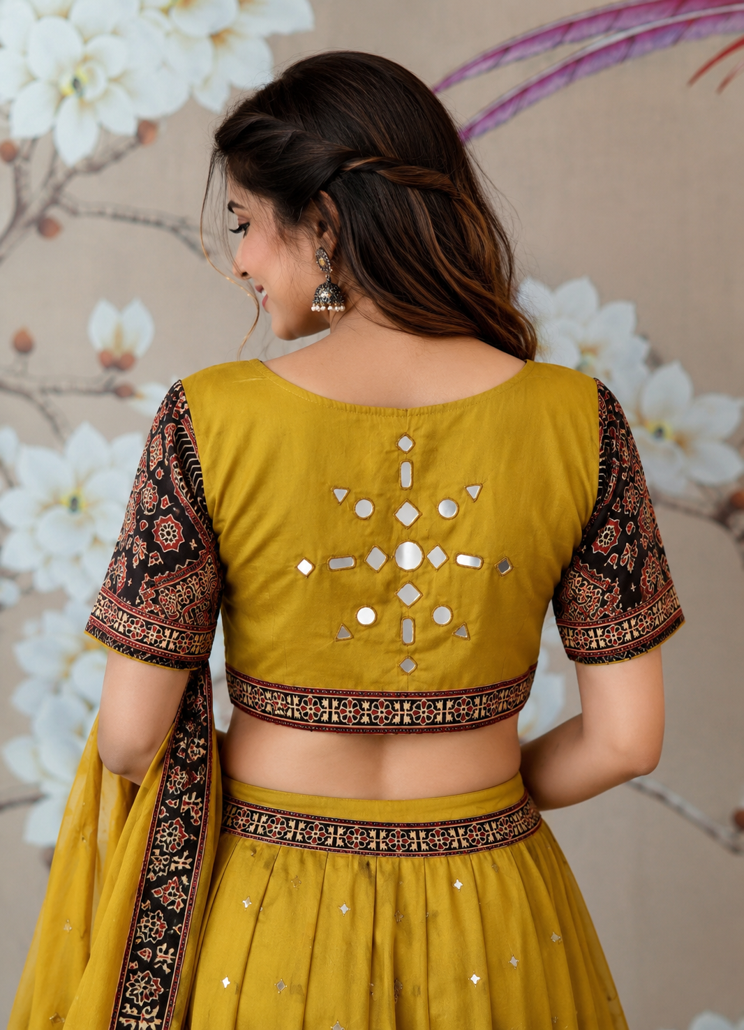 Super pretty ajrakh real mirror skirt / lehenga set in cotton in yellow