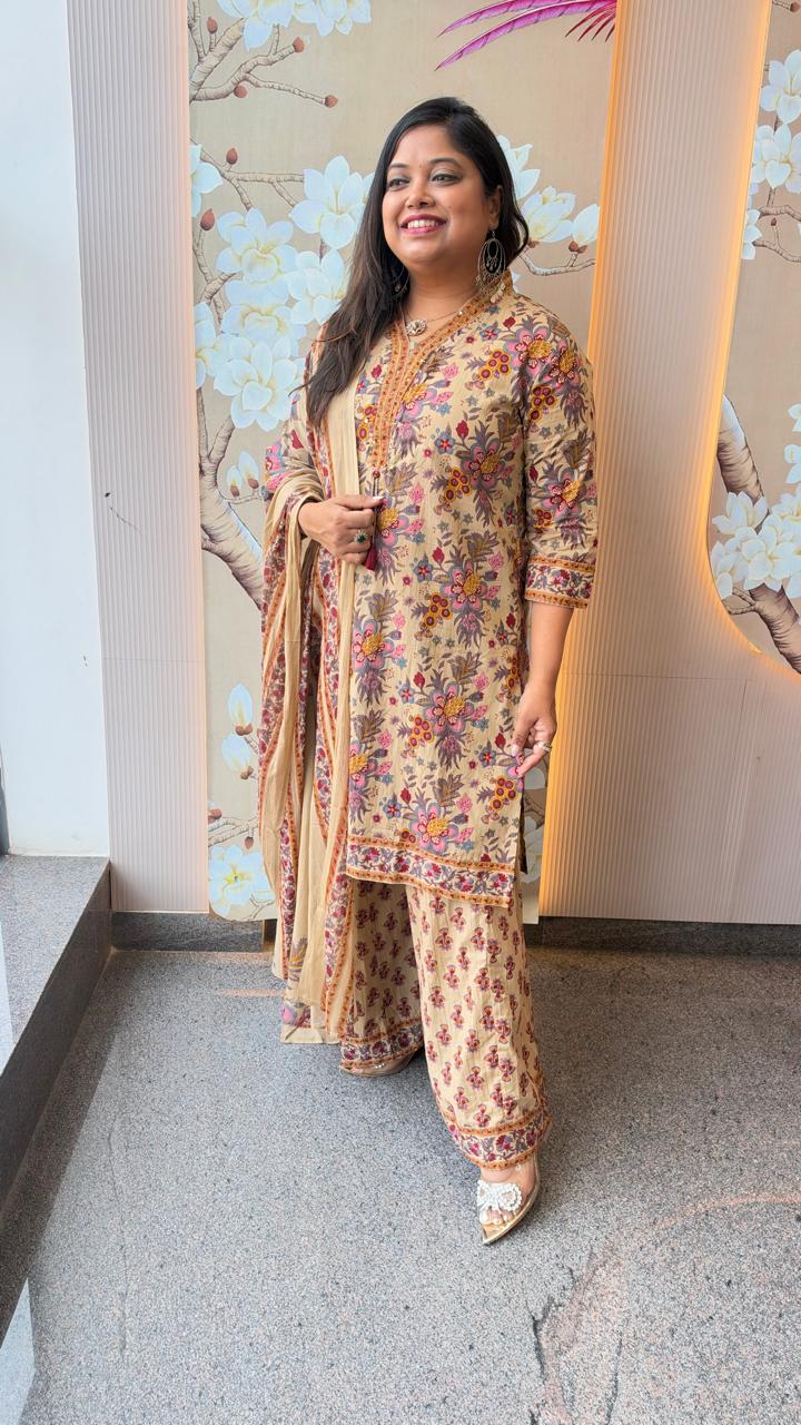 Pure cotton Kalamkari plazzo suit set in beige