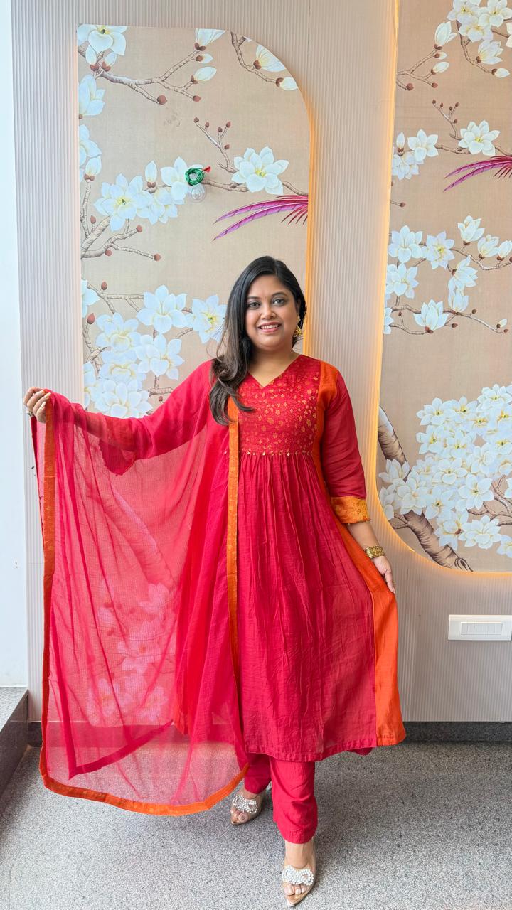 Pure Mul chanderi lining suit set with Banarasi in orange n pink
