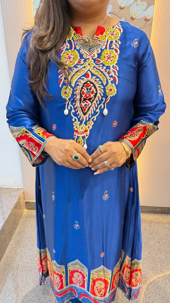 Pure gaji silk royal blue kurta pant