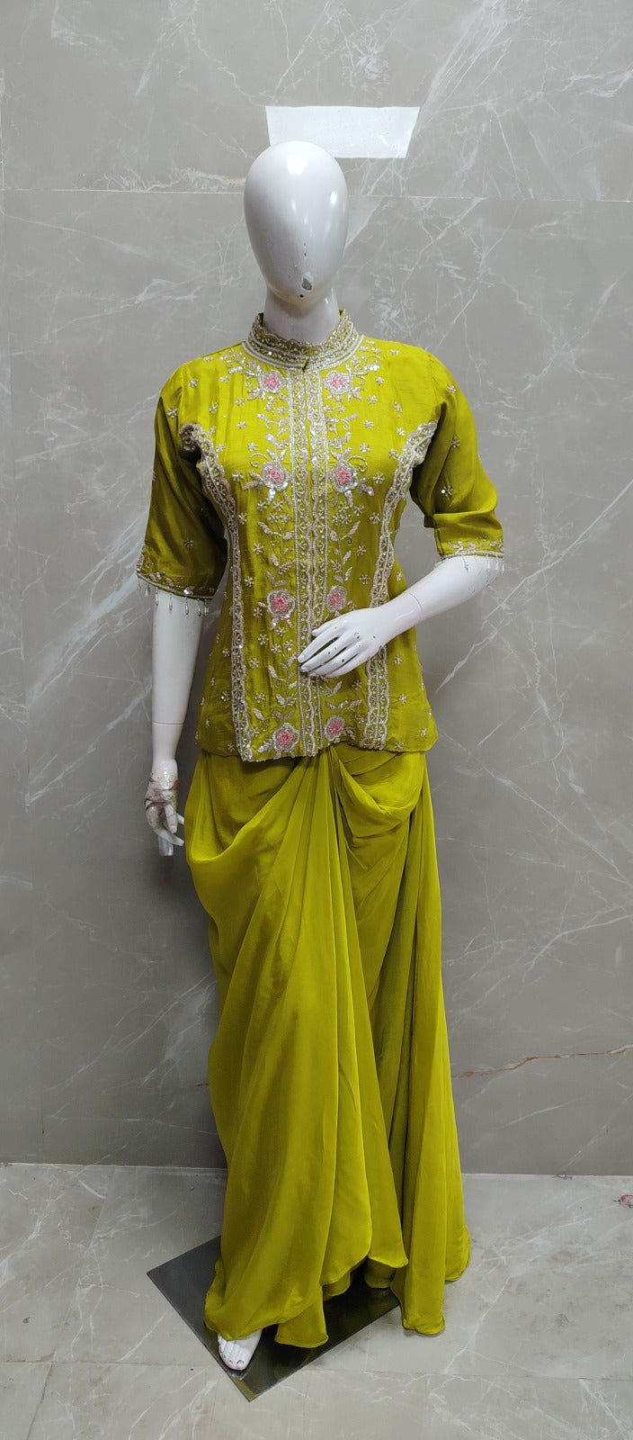 Premium chinon fully embellished co ord set in green
