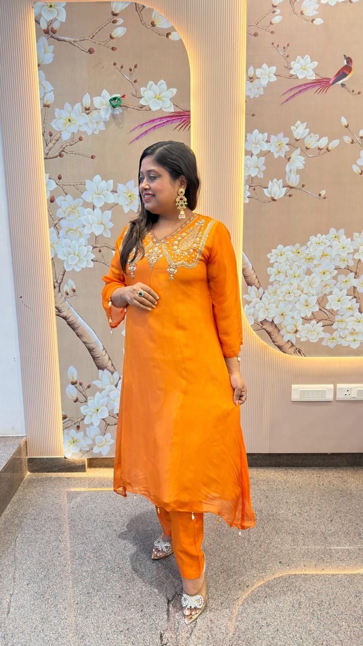Pure orgenza with pretty handwork kurta pant in orange comes with Banarasi inner