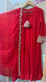 Pure Banarasi suit Mul chanderi with heavy hand work detailing suit in red