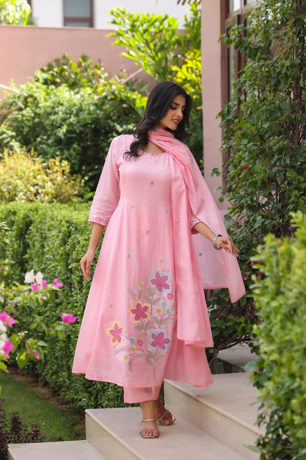 Pure Mul cotton embroidered full suit set in pink
