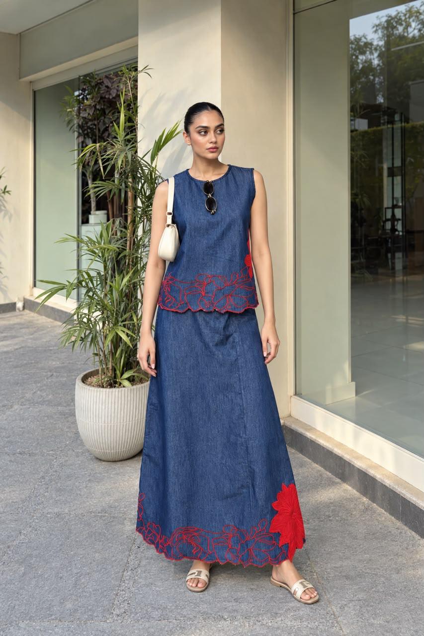 Denim skirt applique co ord set