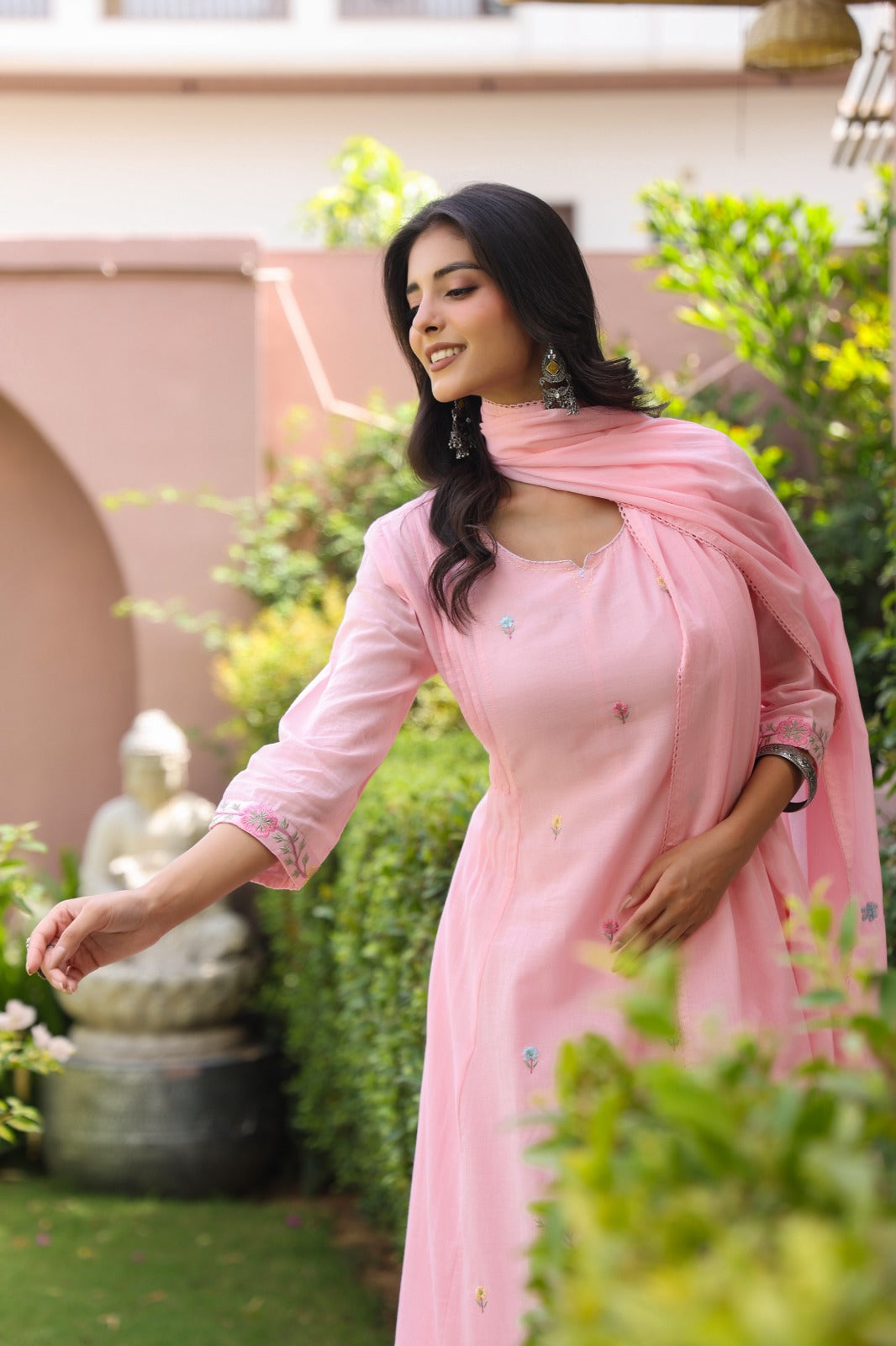 Pure Mul cotton embroidered full suit set in pink