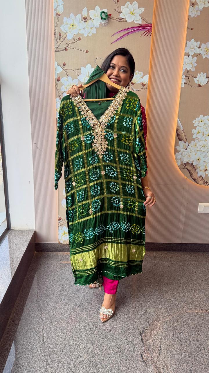 Premium green ghatchola bandhani lakri patta suit set