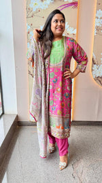 Pretty Russian silk Kalamkari true to size suit set in pink n green