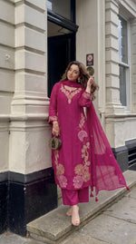 Premium Mul chanderi fully embroidered in Rani pink