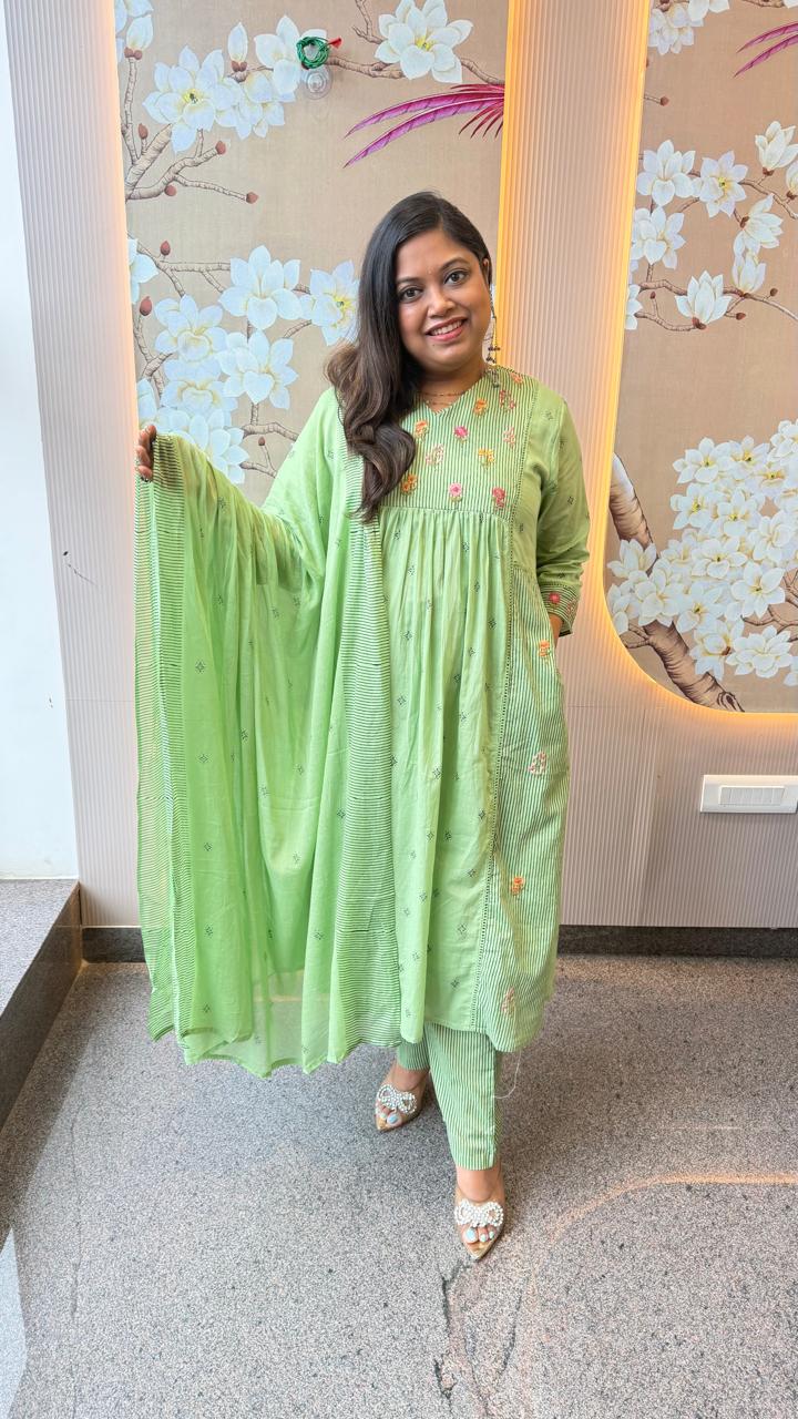 Pretty cotton lining embroidered suit set with pocket and Mul cotton dupatta in mint green