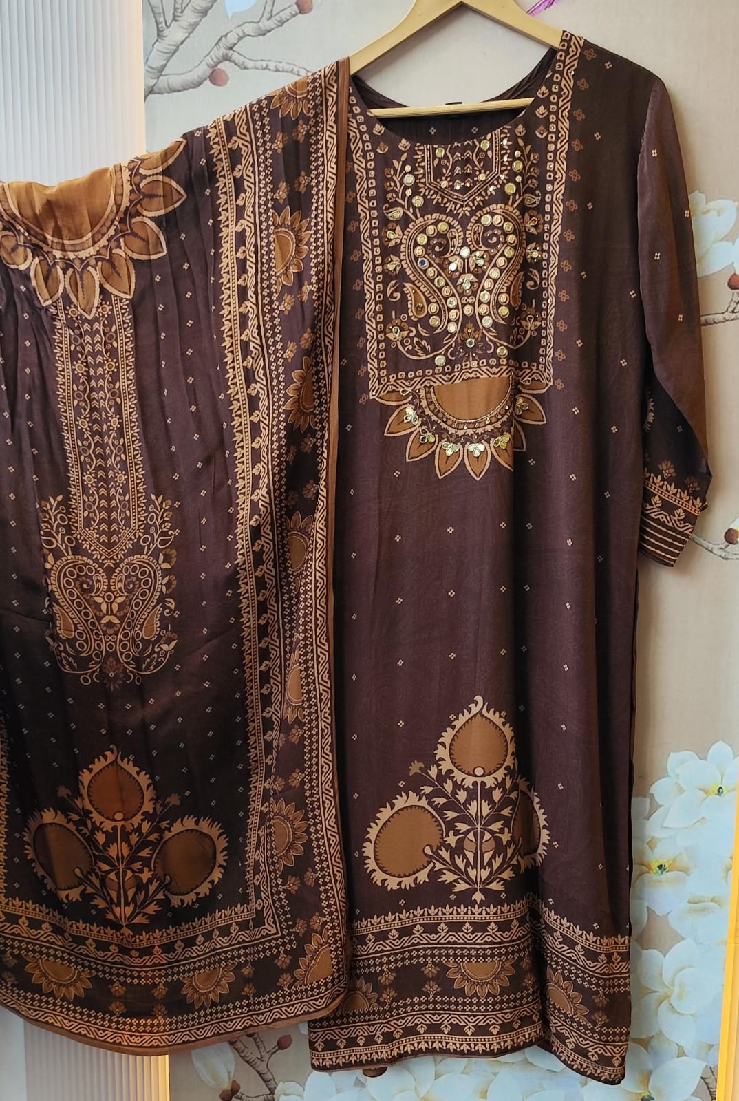 Pure crepe ajrakh suit set with lining in brown