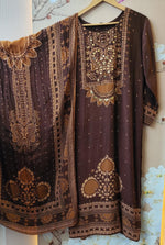 Pure crepe ajrakh suit set with lining in brown
