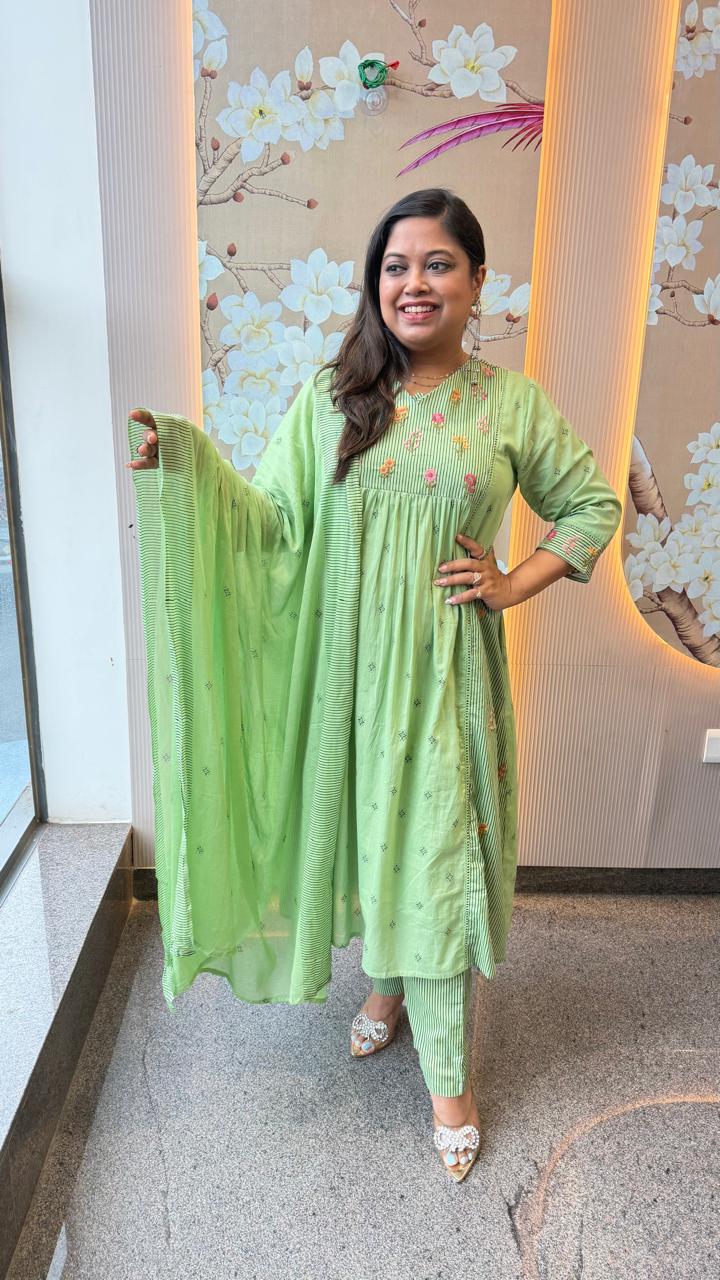Pretty cotton lining embroidered suit set with pocket and Mul cotton dupatta in mint green