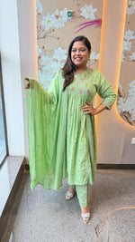 Pretty cotton lining embroidered suit set with pocket and Mul cotton dupatta in mint green