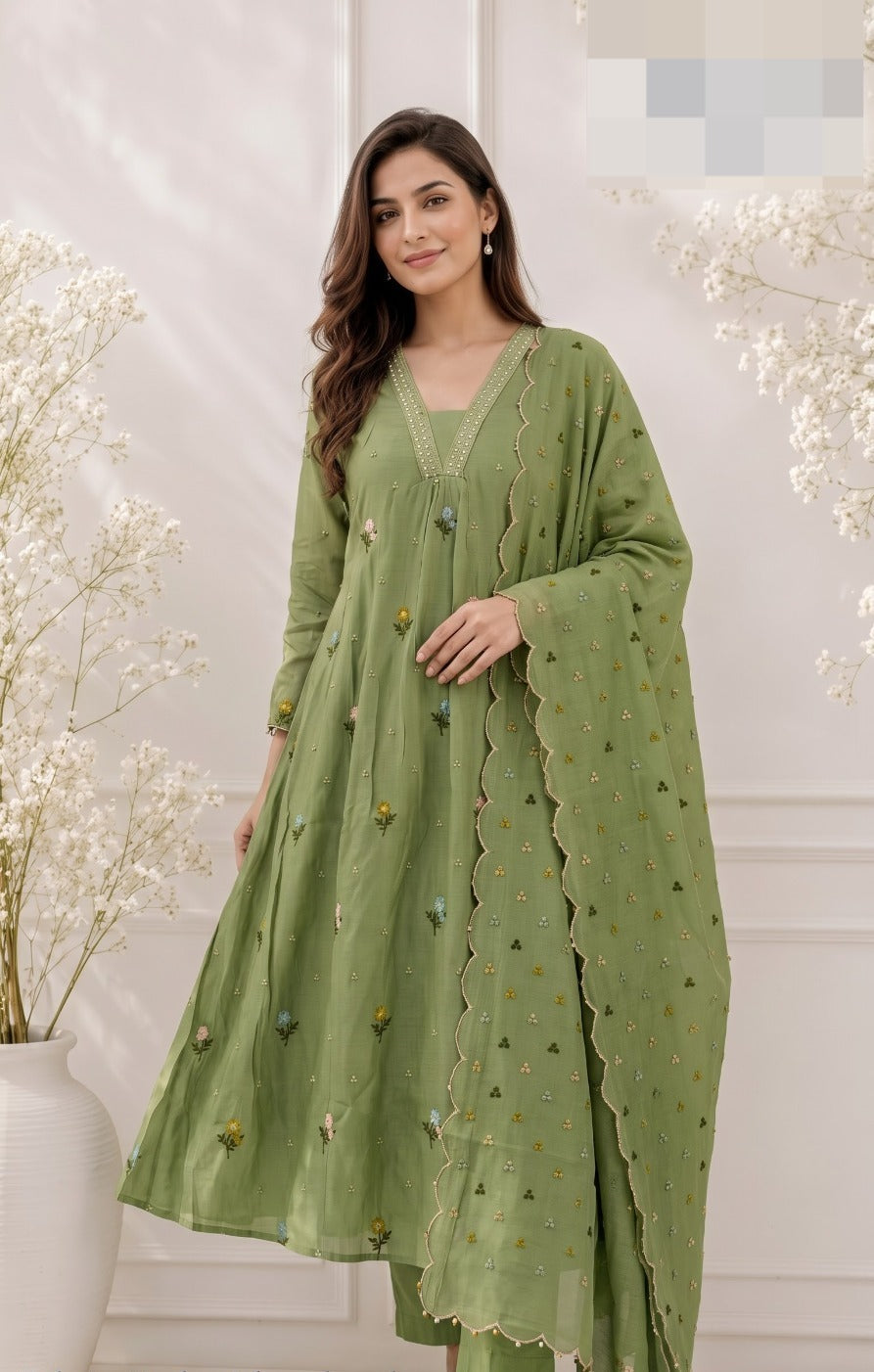 Mul chanderi with lining fully embroidered in green