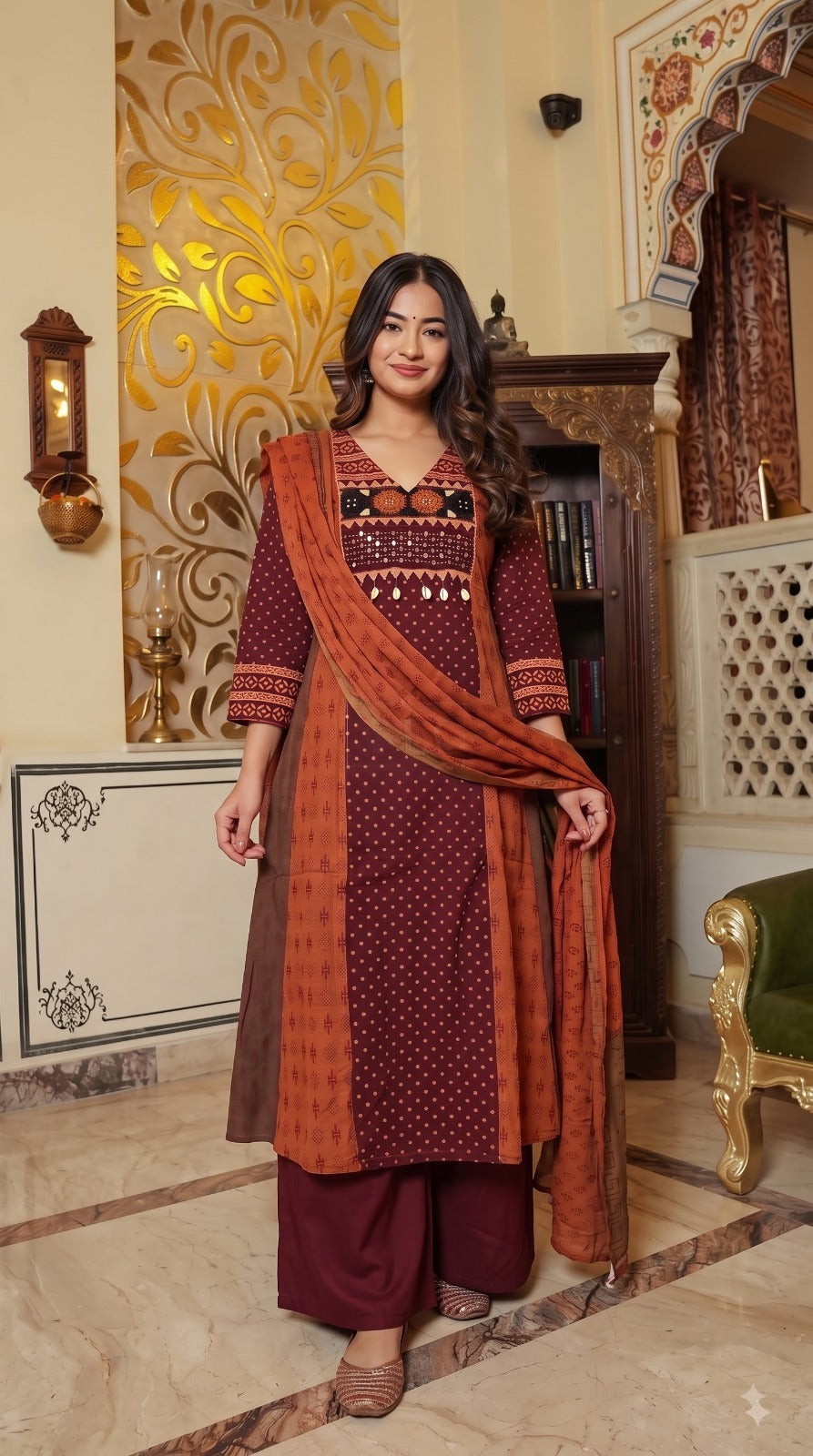 Pretty cotton modal with designer back n real mirror suit set