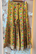 Premium chinon digital printed heavy sharara lace detailing full suit set in yellow