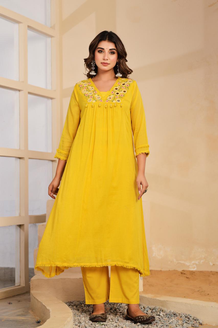 Pure Mul cotton real mirror full suit set in yellow