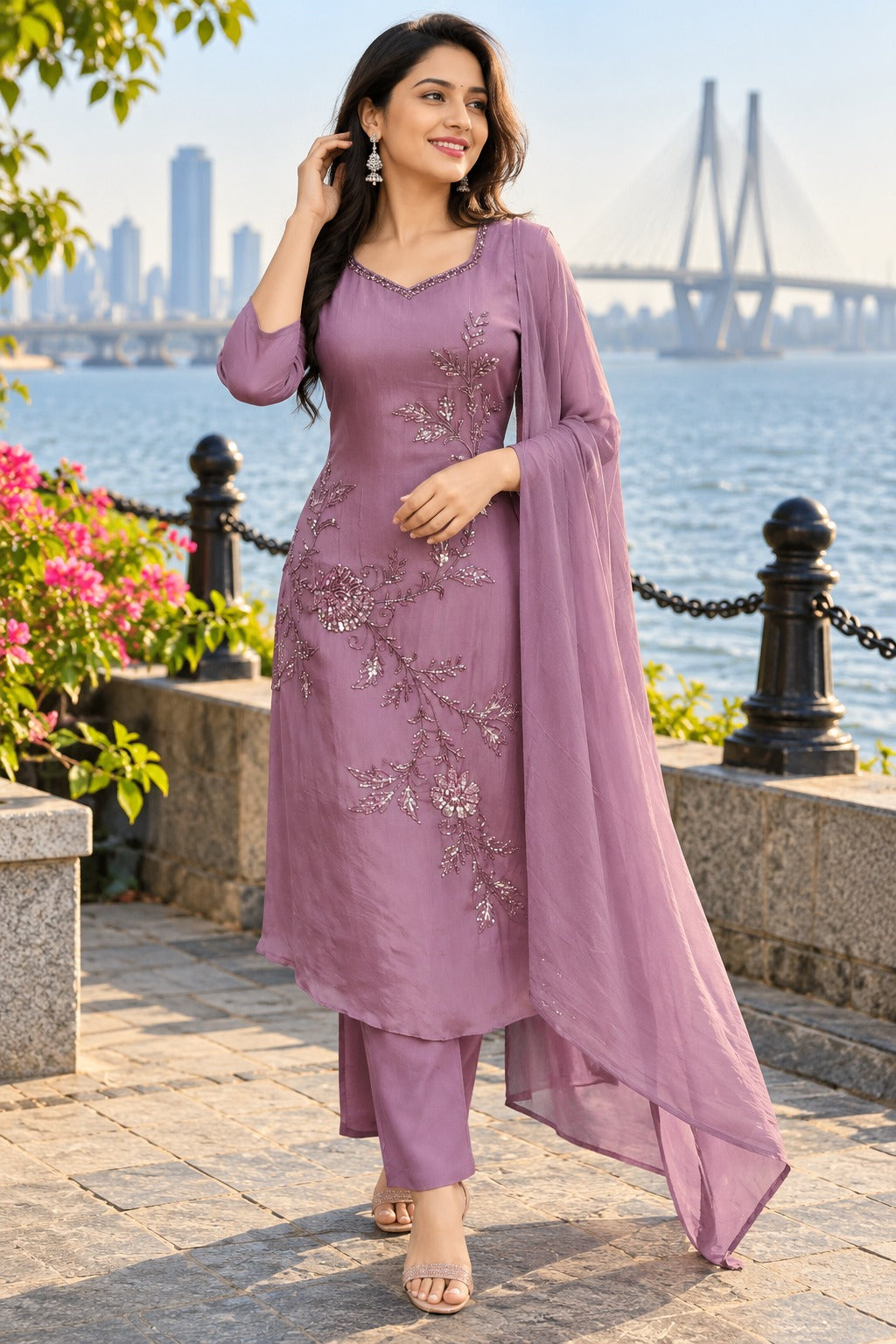 Premium chinon handwork suit set in onion pink