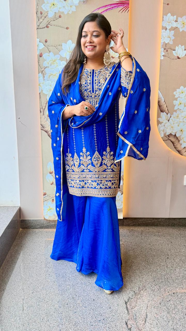 Royal Premium glass tissue handwork plaazo suit in blue