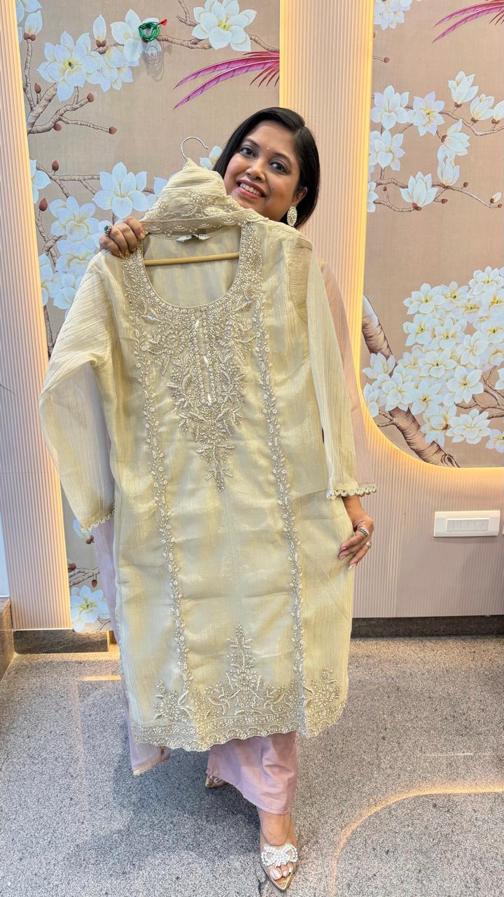 Premium handwork detailing suit set in salsa tissue in cream (loose fit )
