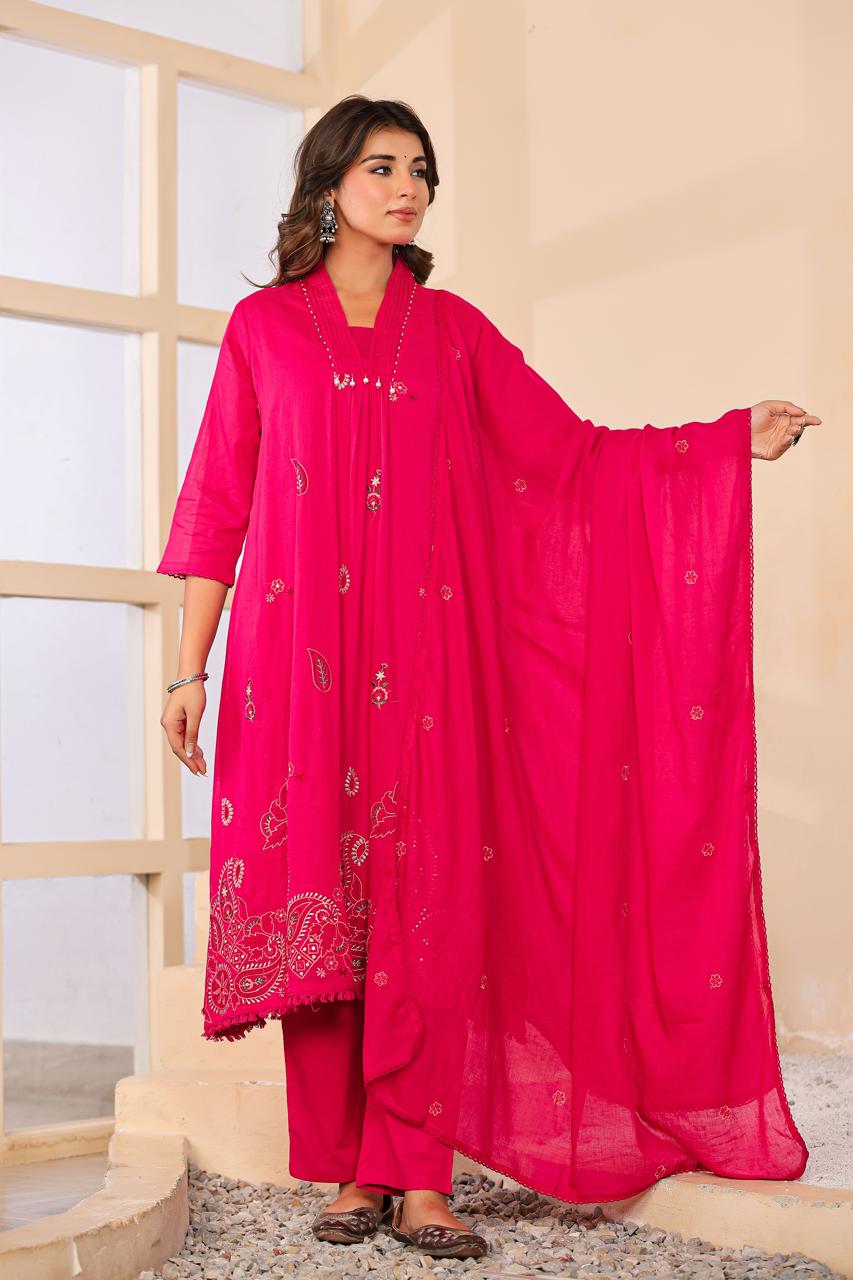 Pure Mul cotton paisley embroidered suit set in pink