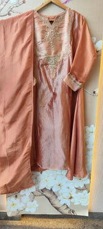 Premium tissue suit set with giraffe fabric and hand work on yoke in peach