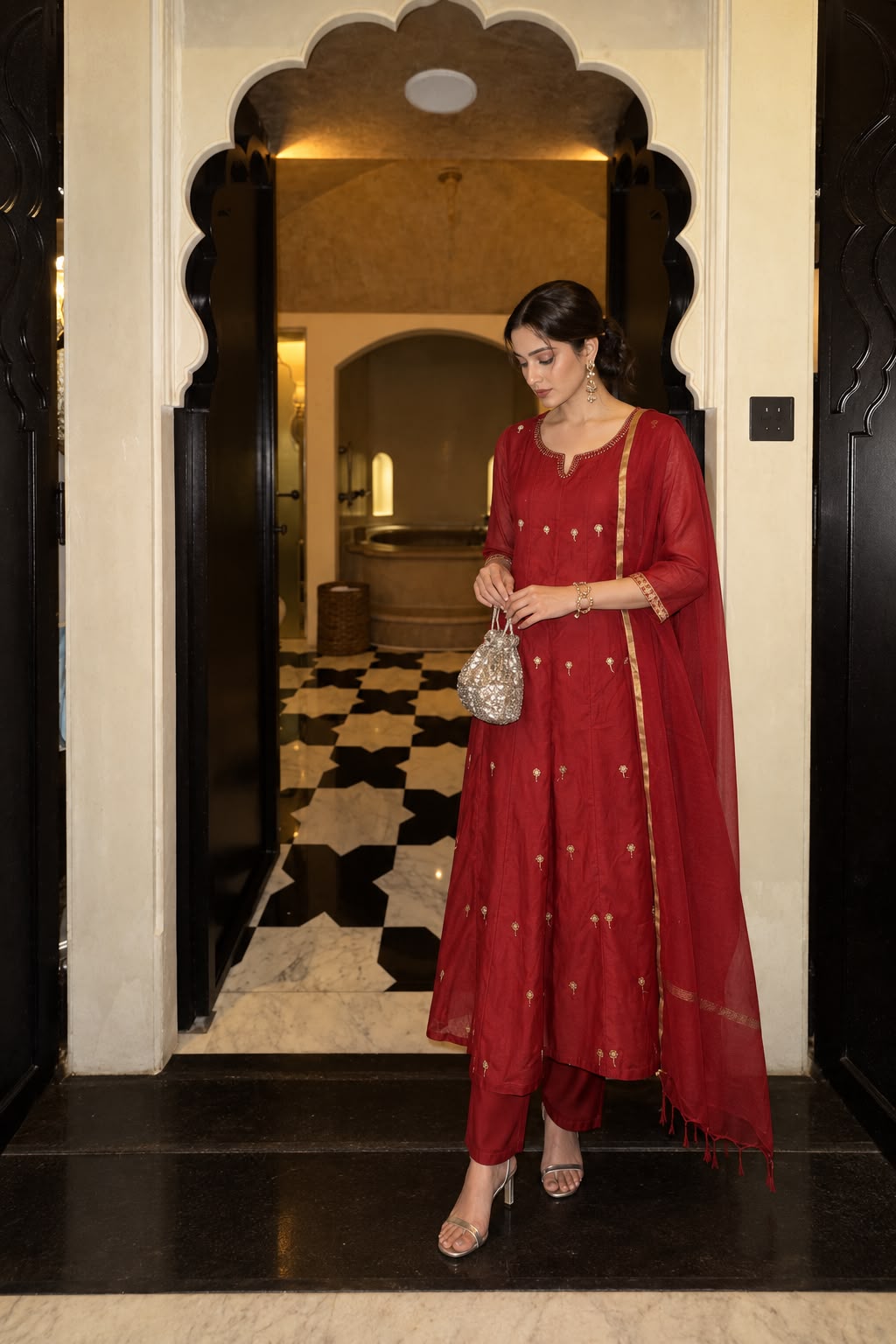 Pure Banarasi Mul chanderi with antique gold full suit set in red