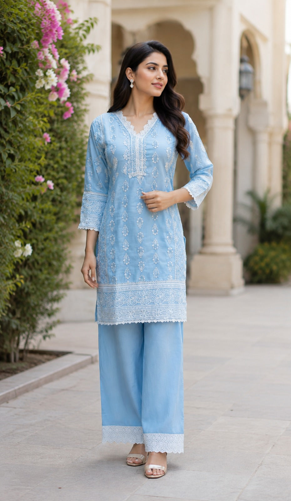 Pure cotton embroidered co ord set in blue