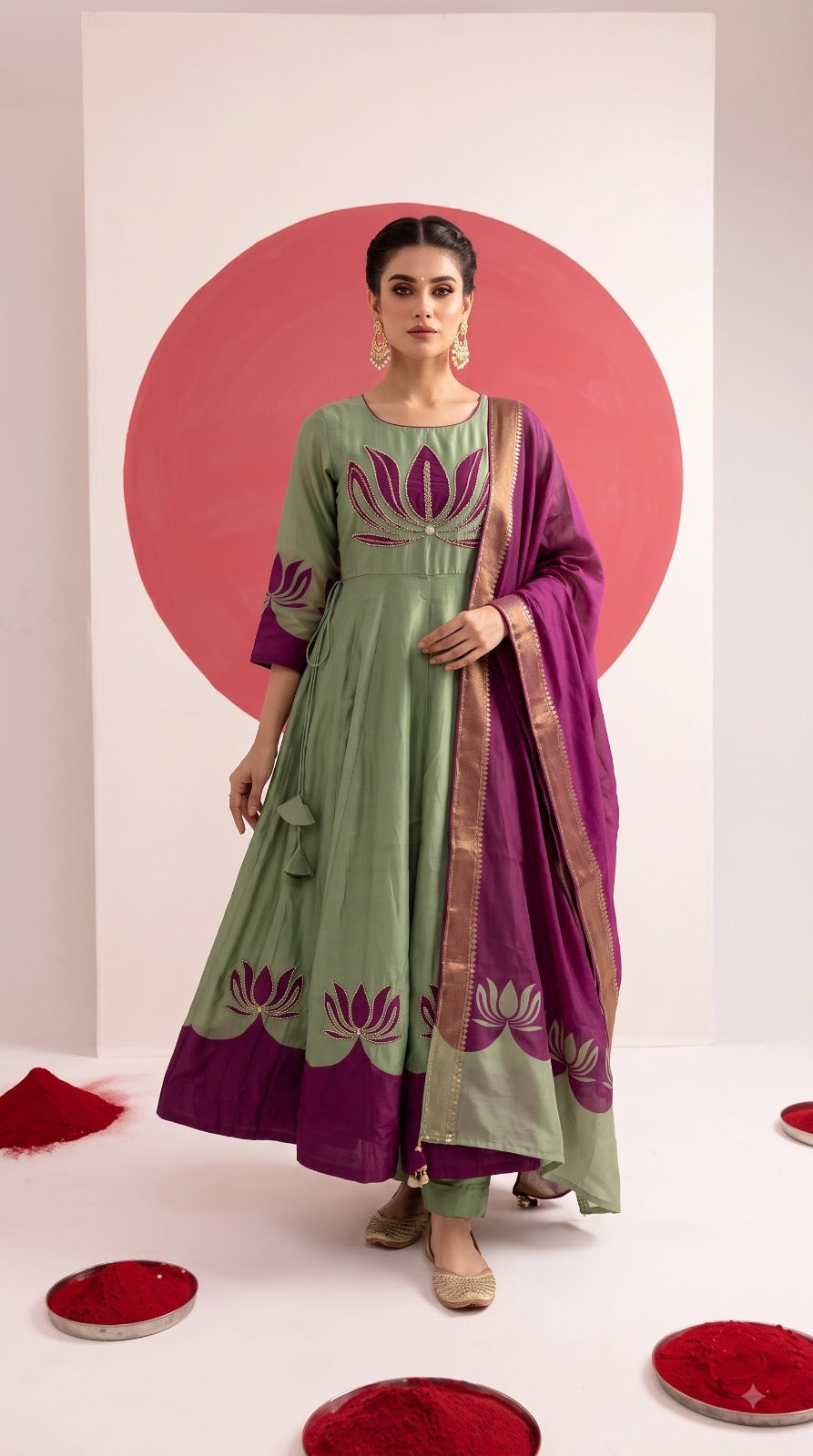 Premium chinon designer zardosi handwork Anarkali suit set in green n purple