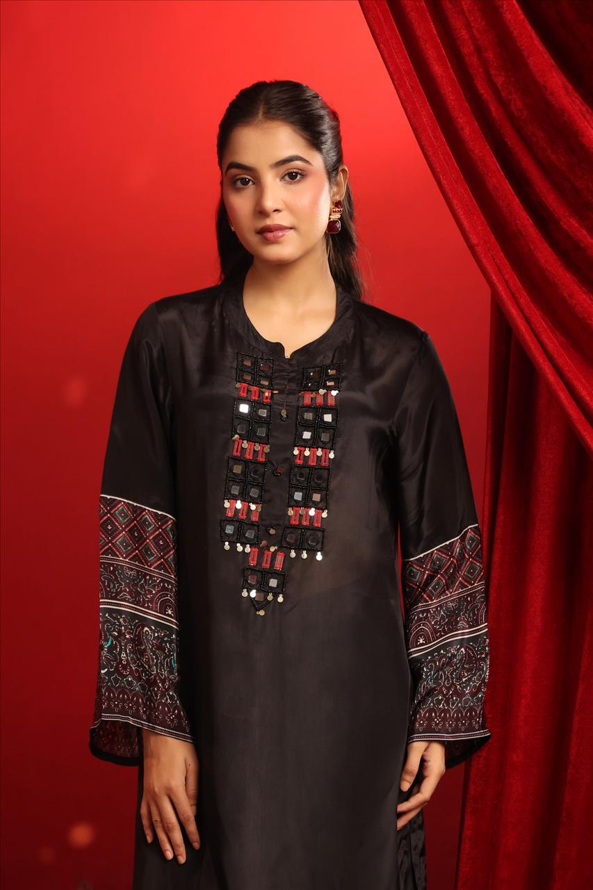 Pure crepe ajrakh real mirror co ord set in black