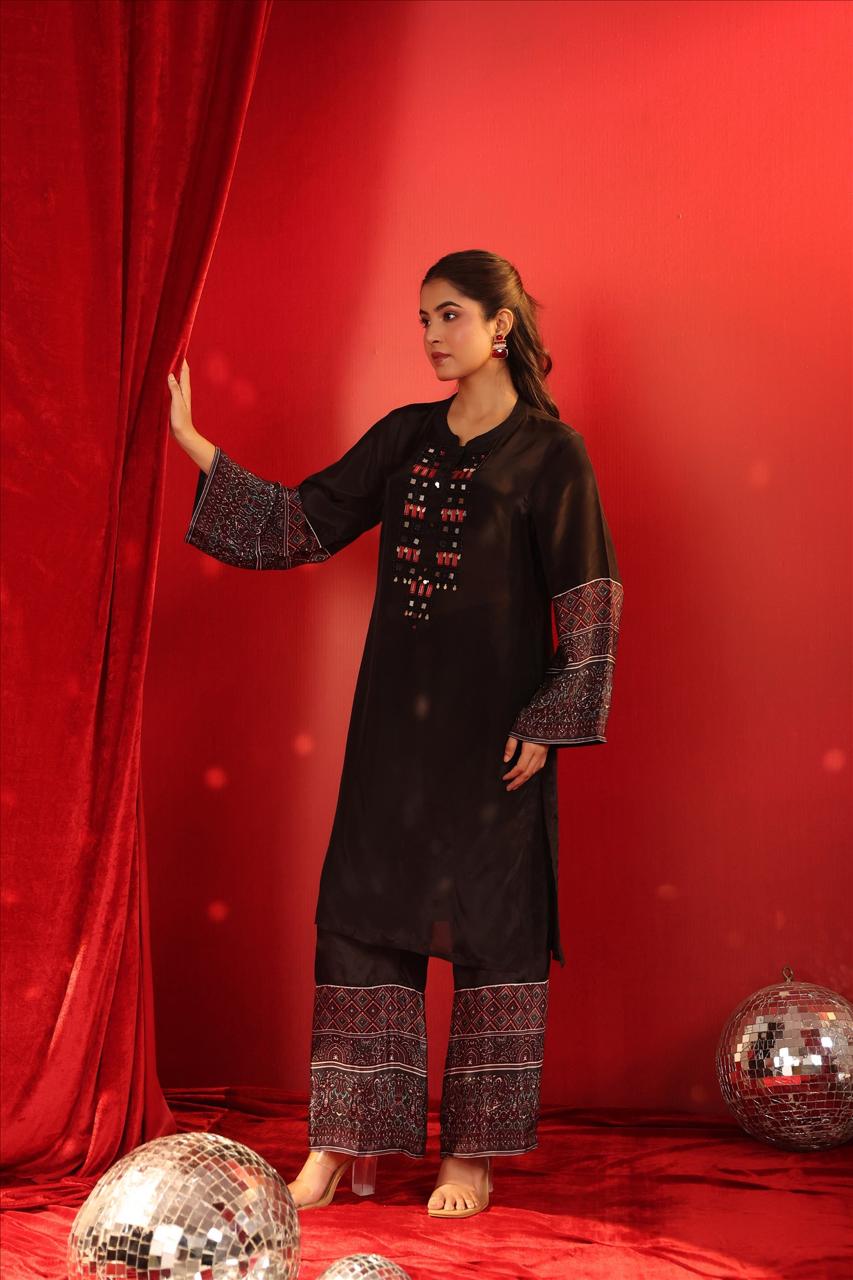 Pure crepe ajrakh real mirror co ord set in black