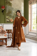 Mul Chanderi embroidered full Suit set in brown